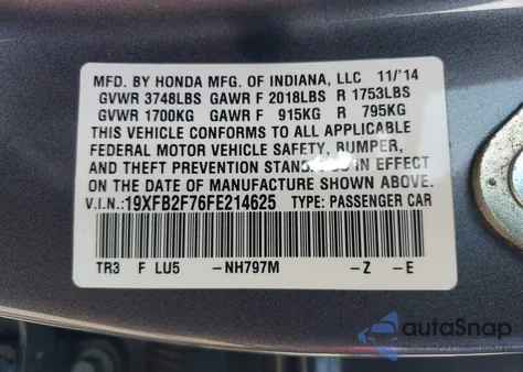 2015 Honda Civic Se from USA, damaged, VIN 19XFB2F76FE214625
